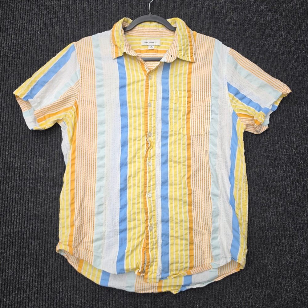 Free Assembly Mens Short Sleeve Button Down Shirt Yellow Blue Striped Cotton M
